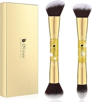 DUcare 2Pcs Duo End Makeup Brushes, Synthetic Bristle Foundation Powder Buffer & Contour Brush Set, Dual Sided Face Brushes for Blending Concealer Bronzer Highlighter