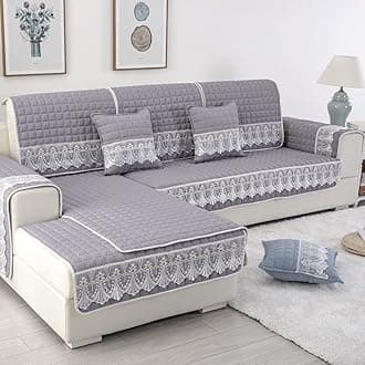 vctops Farmhouse Solid Color Sofa Slipcover Non Slip L Shape Sofa Cover Lace Trim Plaid Quilted Sectional Couch Cover Furniture Protector Cover for Pets Kids Children Dog Cat (Gray,43"x94")