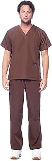 Dagacci Scrubs Medical Uniform Men Scrubs Set Medical Scrubs Top and Pants (X-Small, Brown)