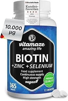 Biotin 10.000 mcg (1year Supply) with Selenium + Zinc, Hair Growth, Skin and Nails Nourishment, 365 Vegan Easy to Swallow Tablets, German Quality, Vitamaze®