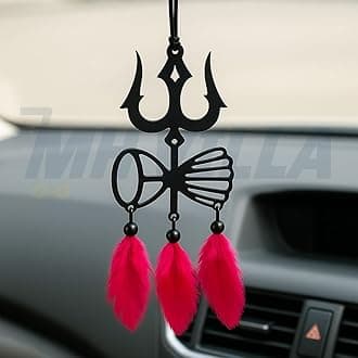 Acrylic Decorative Car Hanging Ornament Dream Catchers For Car,Home,Window&Garden For Positive Vibes Mirror Decor Good Luck Hand Made Gift,Wind Chimes, Room Feathers (Trishul) 1Pcs, Black