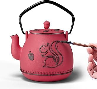 Toptier Teapot with Removable Infuser, Cast Iron Tea Kettle Stovetop Safe, Squirrel Design Tea Pot Coated with Enameled Interior for 32 Ounce (950 ml), Red