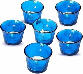 Pure Source India Blue Glass Votive Candle Holders, Blue Tealight Candle Holder for Wedding Home Table Centrepiece Decorations (6pcs)