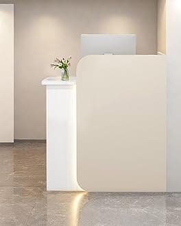 Reception Desk Office Checkout Counter, Modern Front Desk Reception Counter Desk with Lockable Drawer Simple Retail Counter for Retail, Lobby, Beauty Salon Clothing Store(Warm+White,39" Lx18 Wx39 H)