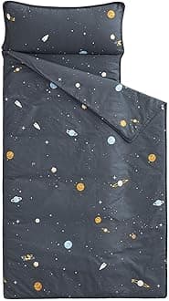Toddler Nap Mat with Pillow and Blanket, 100% Cotton Fabric, for Kids Boys Ages 3 Plus in Daycare Kindergarten Preschool, Roll Up Sleeping Bag, Galaxy Spaces