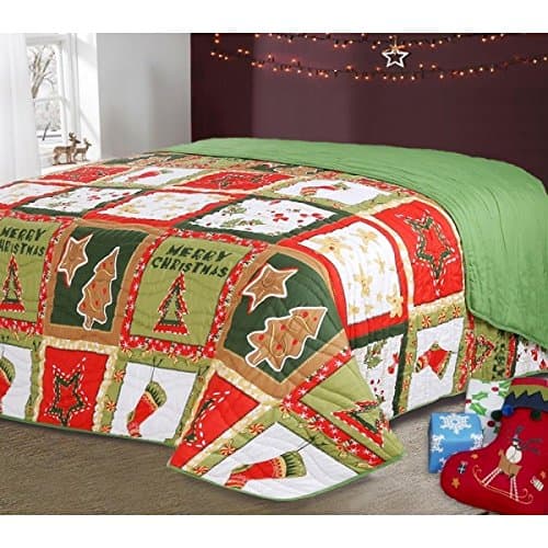 Christmas Reversible Patchwork Bedspread Throw Blanket Red Green Gold Tree Stocking (Christmas Patchwork, King (260x260cm))