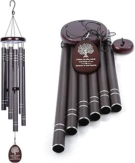 Large Sympathy Wind Chimes Outdoor 42" Memorial, Deep Tone, Brown, Rustic, Funeral, 6 Aluminium Tubes, Powder Coated, Garden, Durable