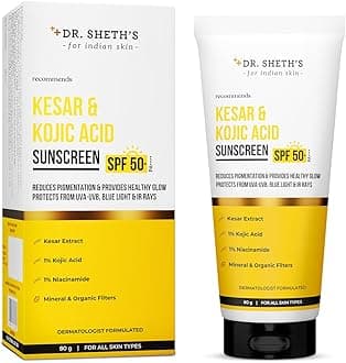Dr. Sheth's Kesar & Kojic Acid Sunscreen For All Skin Types SPF 50+ Pa++++ For Pigmentation-Free Skin|High UV-A & UV-B Protection|No White Cast & Lightweight For Daily Moisturization|Men & Women|80g