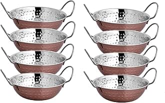 Set of 8 Indian Copper Balti Dishes 17cm Traditional Curry Bowls with Handles Handcrafted Copper Pots for Indian Food & Restaurant Serving