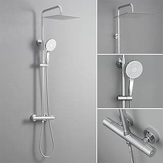 DERW Thermostatic Shower Mixer Set - 12" Square Mirror Ultra-Thin Rainfall Head, 5-Mode Round Handheld Shower, Solid Brass Thermostatic Mixer, 124cm Shower Riser Rail, Fit for UK Bathrooms (Chrome)