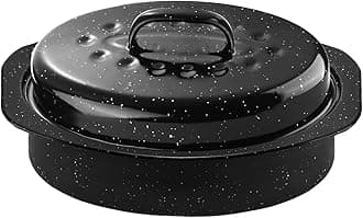 13Inch Roasting Pan, Enamel on Steel, Black Covered Oval Roaster Pan with Lid, Small Cookware for Turkey, Small Chicken, Roast Baking Pan.