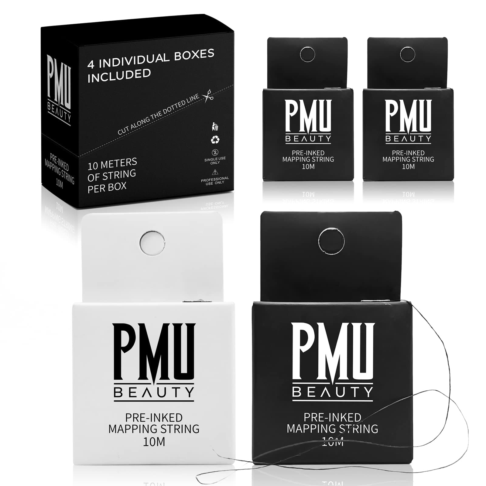 4Pack Brow Mapping String 33ft Pre-inked Black & White Eyebrow Mapping Thread for Permanent Makeup Microblading Supplies Marking Symmetrical Eyebrows