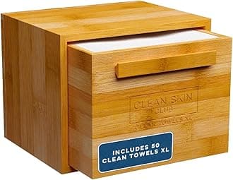 Clean Skin Club Luxe Bamboo container with pullout drawer includes Clean Towels® Original XL 50 Count, Disposable Face Towel Holder for Bathroom Counter