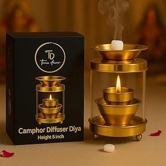 True Decor 5 Inches Camphor Diffuser/Aroma Incence Burner/Kapoor Dani Brass Akhand Diya for Puja with Borosilicate Glass Cover || Multipurpose Essential Oil Camphor Burner (Pack of 1)