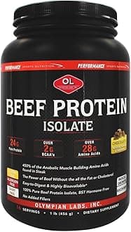 Olympian Labs Beef Protein Isolate Powder, 24g Protein, BST Free, 2 Grams BCAA's, Muscle Building Amino Acids, 1 Pound, Flavored with Real Chocolate