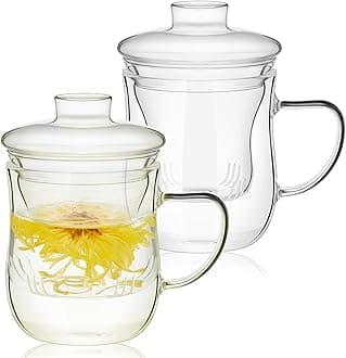 NALACAL 2 Pcs 12 oz Glass Tea Cup With Infuser and Lid Set - Thickened Transparent Teacup, Heat Resistant Clear Filtrating Tea Maker for Loose Leaf Tea and Teabags
