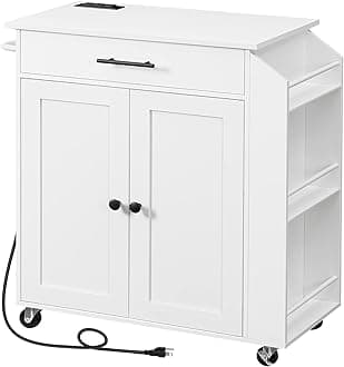 HOOBRO Kitchen Island with Power Outlet, Kitchen Storage Island with Spice Rack and Drawer, Rolling Kitchen Cart on Wheels, for Home, Kitchen and Dining Room, White WT82UZD01G1