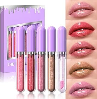 5Pcs Glitter Liquid Lip Gloss Set, Diamond Shimmer Lipstick Lip Glaze, Light Pink Rose Crimson Orange Red Maple Brown Cherry Pink Shiny Glitter Glossy Shimmery Finish Waterproof Lip Gloss 03