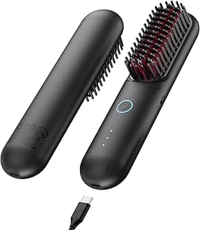 Cordless Hair Straightener Brush - Upgrade Porta ECO Portable Straightening Brush for Travel, Mini Hot Straightening Comb for Women, Ceramic Coating, Lightweight for Touch-ups,Anti-Scald, Black