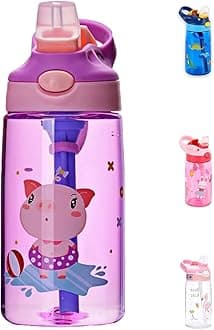 S2C Kids Water Bottle with Straw & Handle - BPA Free 16 oz Leakproof Design for School & Outdoor Activities - Durable Tritan Plastic (PURPLE PIGGY)