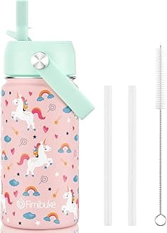 Fimibuke Kids Insulated Water Bottle, 14oz BPA FREE 18/8 Stainless Steel Travel Tumbler Double Wall Vacuum Leak Proof Kids Cup with Straw Metal Water Bottle for School Boys Girls(1 Pack, UNICORN)