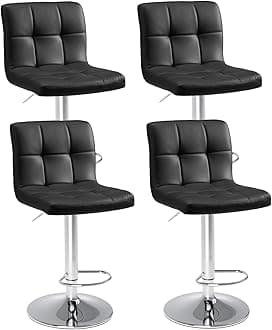 Sweetcrispy Adjustable Swivel Bar Stool, Armless, Square, PU Leather, Modern, Gas Lift, Black, Set of 4