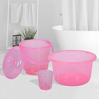 Kuber Industries Plastic Set of 3 Bathroom Combo Set - Tub-25 L with Bucket-13 L & Mug-1100 ml Bathing Set for Bathroom Transparent Pink