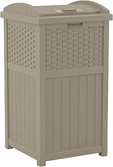 Suncast 33 Gallon Hideaway Trash Can for Patio - Resin Outdoor Trash with Lid - Use in Backyard, Deck, or Patio - Dark Taupe