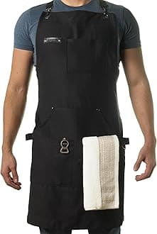 Asaya Chef and BBQ Apron with Bottle Opener and Hand Towel - 10oz Cotton Canvas, Stainless Steel Hardware - Cross Back Straps