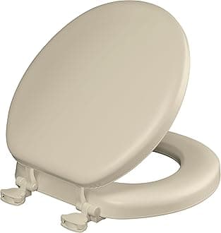 Padded Toilet Seat, Cushioned Soft Vinyl over Wood Core Seat, Secure Hinges, Easy Clean, Made in USA, Round, Bone