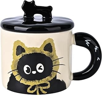 Koythin Ceramic Coffee Mugs, Unique Tea Cup for Latte Juice Hot Tea, Funny Coffee Mug with Chubby Cute Cat Tail Handle for Girl Mom Women, Teacup with Cat's Cup Hat Lid, 10 oz/300 ml (Yellow)