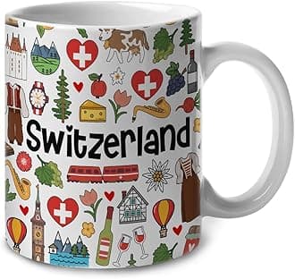 Lotacy Switzerland Symbols Colorful Coffee Mug, Switzerland Ceramic Mug 11 oz Coffee Mug, Switzerland Souvenir and Gifts, Gift Idea for Swiss Men and Women
