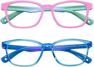 Kids Blue Light Blocking Glasses 2 Pack, Anti Eyestrain & UV Protection, Computer Gaming TV Phone Glasses for Boys Girls Age 3-9 (Pink Green+ Transparent Blue)