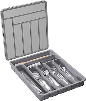 Lifewit Cutlery Drawer Organiser with Lid, Plastic Small Cutlery Tray for Kitchen Drawer, Utensil Flatware Silverware Holder Divider for Spoons Forks Knives Tableware, 7 Compartment, Grey