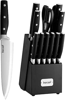 Kitchen Knife Block Set, 14 Pieces Knife Set with Wooden Block & Sharpener Steel & All-purpose Scissors, High Carbon Stainless Steel Cutlery Set (Black)