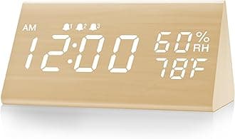 JALL Digital Alarm Clock, with Wooden Electronic LED Time Display, 3 Alarm Settings, Humidity & Temperature Detect, Wood Made Electric Clocks for Bedroom, Bedside (Yellow)