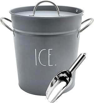 Rae Dunn Ice Bucket with Scoop - Stainless Steel Bucket with Handle, Lid and Ice Scooper - 4 Qt. Storage Bin for Ice Cubes for Bars, Parties, Backyard Barbeques, Picnics, and Camping (Grey)