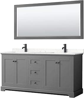 Wyndham Collection Avery 72 Inch Double Bathroom Vanity in Dark Gray, Light-Vein Carrara Cultured Marble Countertop, Undermount Square Sinks, Matte Black Trim, 70 Inch Mirror