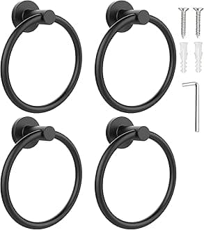 SetSail Towel Holder for Bathroom Wall Matte Black Towel Ring Stainless Steel Hand Towel Holder 4 Packs Towel Hanger for Bath, Kitchen