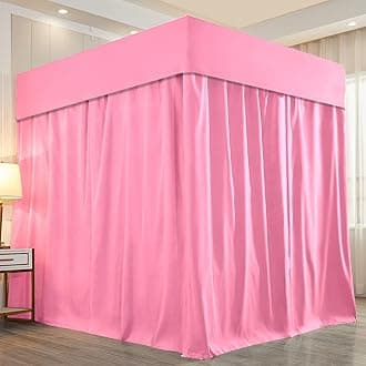Mengersi Solid Four Corner Post Canopy Bed Curtains Princess Sheer Cover for Girls Boys Kids (Full, Pink)