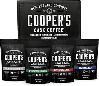 Bourbon & Whiskey Barrel Aged Coffee Box Set - 4-Bag Roasted Coffee Sampler - Bourbon Colombian, Malt Whiskey Sumatra, Rye Whiskey Ethiopian, Rum Barrel Rwanda, (Ground, 4 Ounce (Pack of 4))