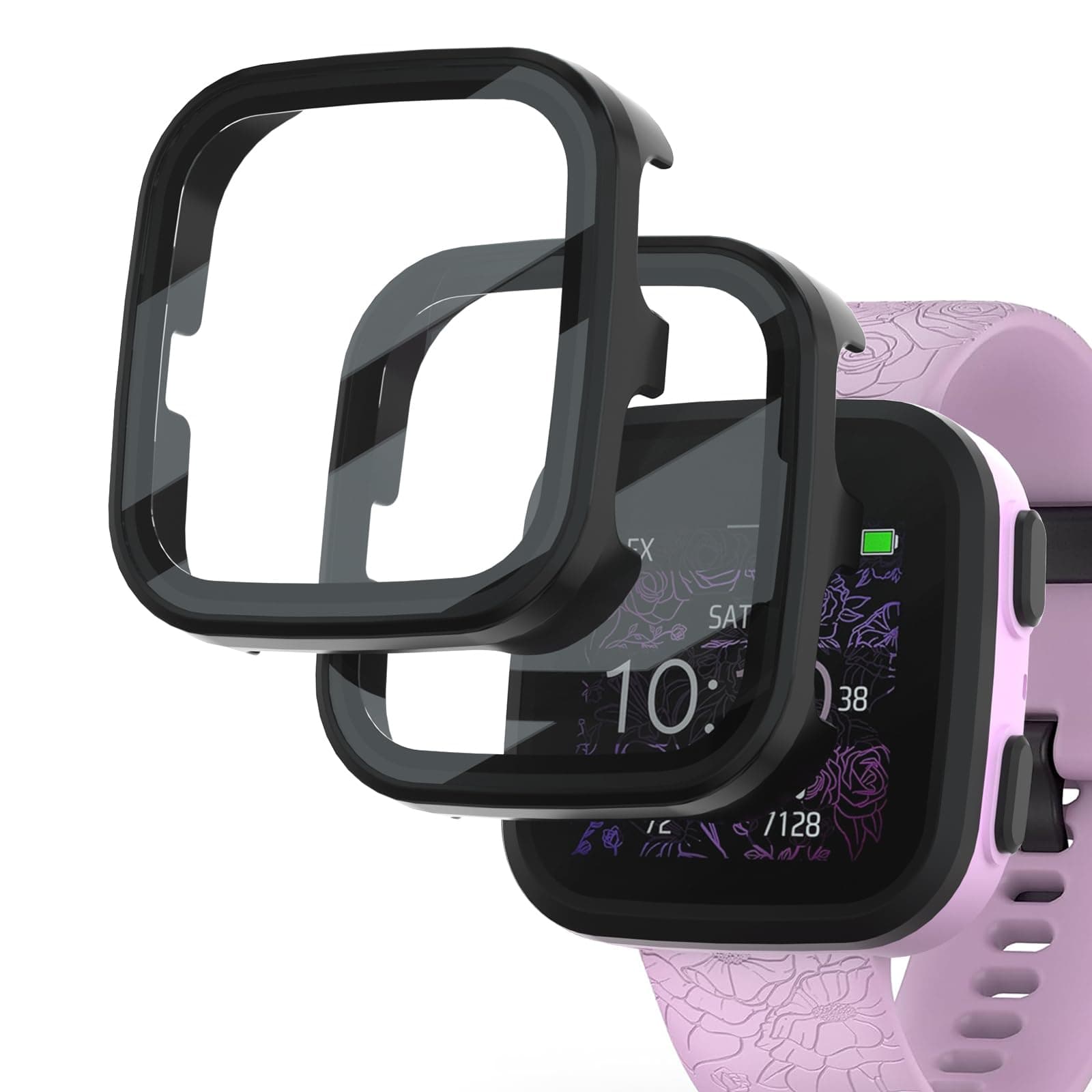 SimpleThings Compatible with Garmin Bounce Screen Protector, 2Pack Hard PC Cover with Tempered Glass Screen Protector for Garmin Bounce Kids Watch, Anti-Scratch and Touch Sensitive (Balck+Black)