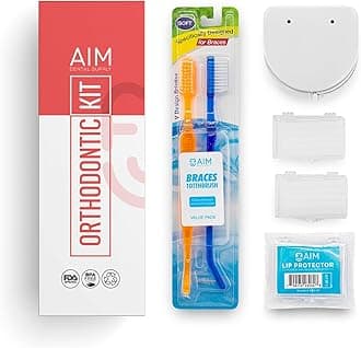 AIM Orthodontic Kit - Orthodontic Bracebrush Toothbrush (Pack of 2), Lip Protector for Braces, Retainer Case, Orthodontic Wax, Orthodontic Oral Care Kit for Travel (Clear)