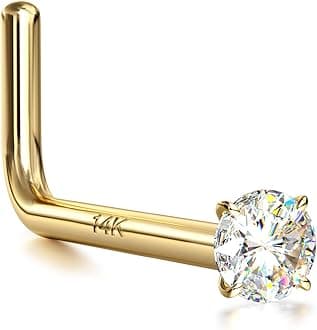14K Real Gold Nose Studs, 18G 20G Solid Gold L Shaped Nose Rings, Simulated Diamond CZ Hypoallergenic Nose Piercings for Women Men 1.5 2 3MM