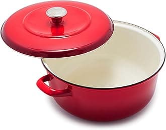 7QT Round Dutch Oven Casserole Pot with Lid, European Crafted Enameled Iron Stockpot, Induction & All Cooktops, Braising, Stews, Roasting, Slow Cooking, Sourdough, Foundry Red