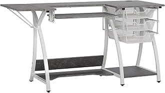 Sew Ready Pro Stitch Sewing Machine Table with Wire Mesh Drawers, Desk for Hobby, Craft Table and Computer Desk, Home Office in White /Cement Gray 13382, 56.75" W