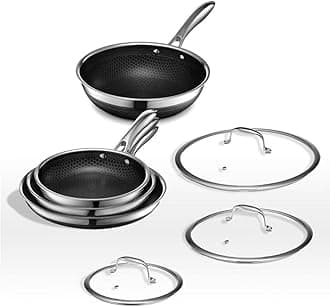 HexClad Hybrid Nonstick 7-Piece Pan Set, 20, 25, and 30 cm Frying Pans with Tempered Glass Lids and 25 cm Wok, Stay-Cool Handles, Dishwasher-Friendly, Induction Ready, Compatible with All Cooktops