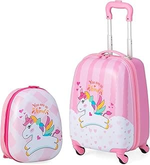 Maxmass 2PCS Kids Luggage Set, Hard Shell Children Trolley Case with 4 Universal Wheels, Girls Boys Suitcase and Backpack Set for Travel