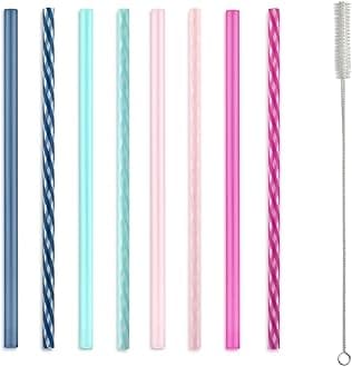 Ello Impact 8 Pack Reusable Plastic Straws, Dishwasher Safe, BPA-Free with Cleaning Brush,Rosewater