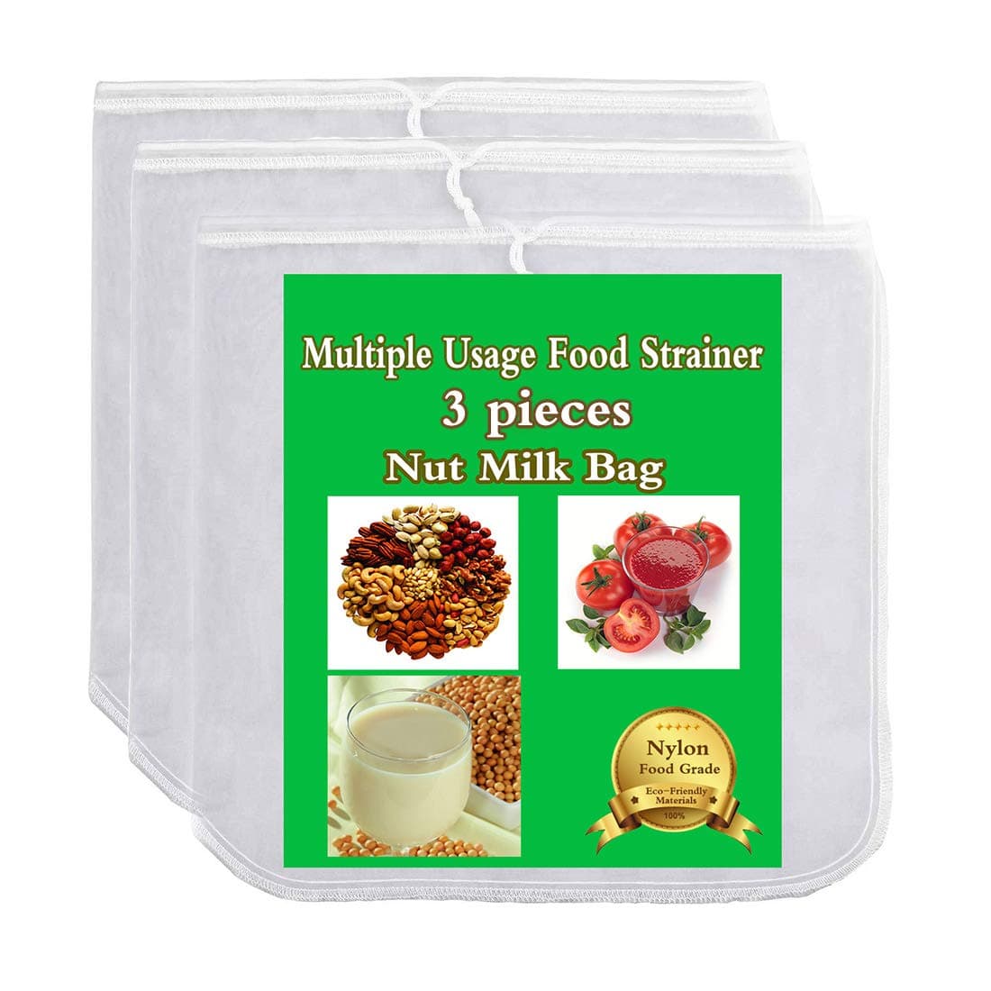 3 Pack-Nut Milk Bag, 100 Micron Multiple Usage Reusable Food Grade Nylon Mesh Filter for Almond Milk, Soy Milk,Cold Brew Coffee Bag Cheesecloth, Fruit Juice, Yogurt, Vegetable Juice Filter(12''X12'')